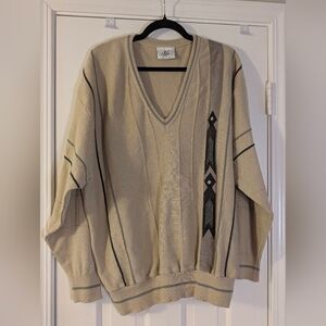 Vintage Gabicci Italy Sweater XXL Beige Gray Black Retro Geometric Knit 80s Mod